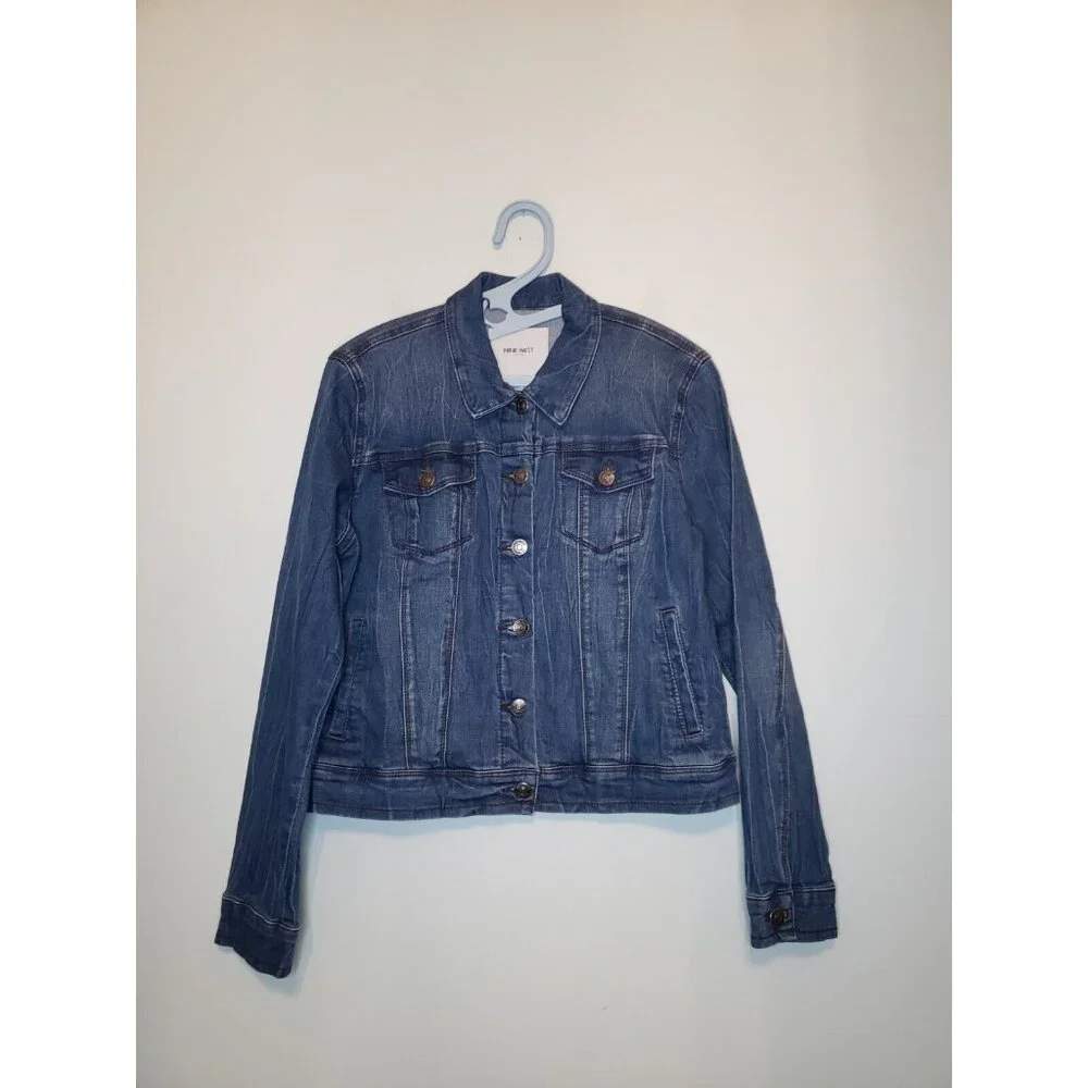 Nine West Womens M Trucker Jean Jacket Button Front Blue Denim Pocket Crinkle - Picture 1 of 6